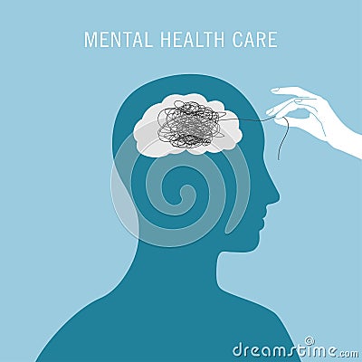 Mental health care. Mental health awareness month. Poster with person, brain, line ball and hand. Psychology illustration Vector Illustration