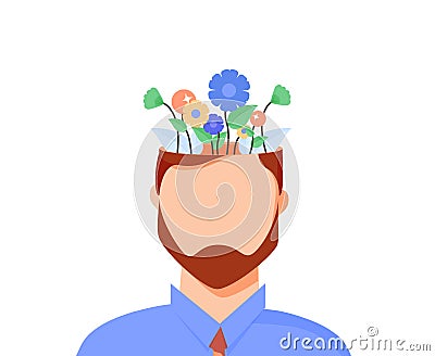 Mental health care, psychological therapy concept. Human hand with watering can irrigates blossom flowers inside head. Cartoon Illustration