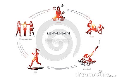 Mental health - communication, yoga, read, swimming, run vector concept set Cartoon Illustration