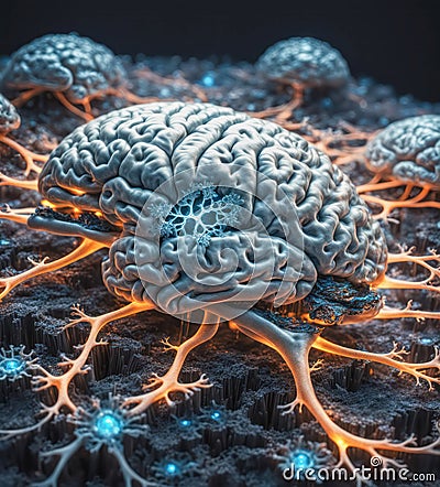 mental health concept brain evolving with orange synapses roots in the ground , growing in a network fo Stock Photo