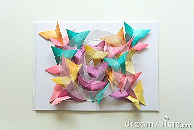 Mental health concept. Colorful paper butterflies sitting on book in shape of butterfly. Harmony emotion. Origami. Paper cut style Stock Photo