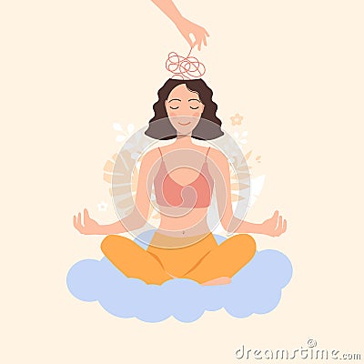 Mental health concept. The girl sits on a cloud and meditates Vector Illustration