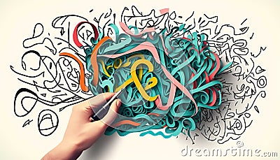 Mental health concept of hand untangling a chaotic scribble. Cartoon Illustration