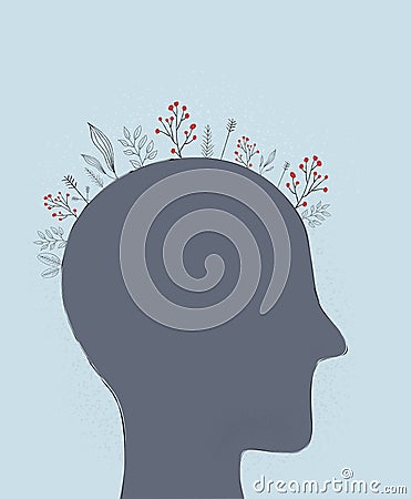 Mental health concept of human silhouette with growing plants indicate positive thinking peace of mind Vector Illustration