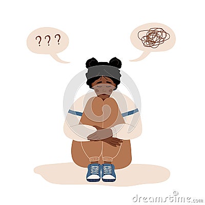 Mental health concept. Lonely african woman sitting on floor and hugging knees. Depressed teenager needs psychological Vector Illustration