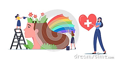 Mental Health Concept. Tiny Women Characters Watering Flowers and Painting Rainbow at Huge Female Head. Healthy Mind Vector Illustration