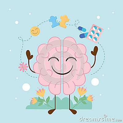 mental health cute brain Vector Illustration