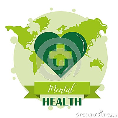 Mental health day, green heart world awareness, psychology medical treatment Vector Illustration
