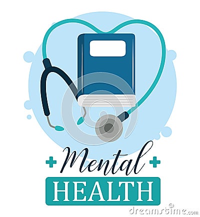 Mental health day, stethoscope book psychology medical treatment Vector Illustration