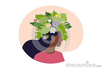 Mental health, happiness, harmony concept. Happy african female head with flowers inside. Mindfulness, positive thinking, self Vector Illustration