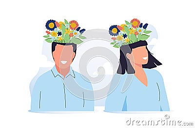 Mental health, happiness, harmony creative abstract concept. Happy male and female heads and flowers inside. Mindfulness Vector Illustration