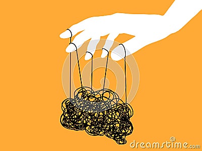 Mental health , illness ,brain development ,medical treatment concept, hand holding puppet strings with a thread of brain, vector Vector Illustration