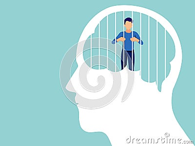 Mental health, illness ,brain development ,medical treatment concept, sad and unhappy man were imprisoned by human brain with Vector Illustration