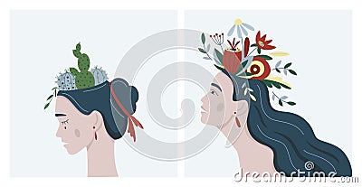Mental health and illness creative abstract concept. Unhappy and happy womanâ€™s heads with cactuses and flowers inside. Set of Vector Illustration