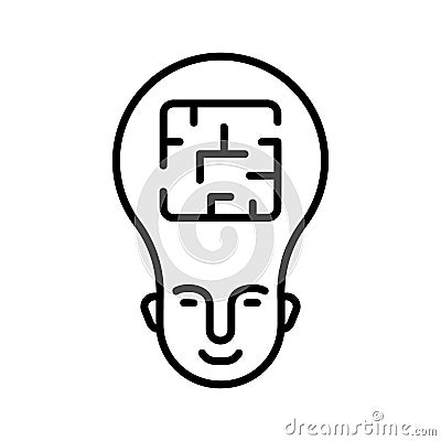 Mental health or intelligent concept. Linear icon of smiling man`s face with puzzle instead of brain. Illustration of maze in hea Vector Illustration