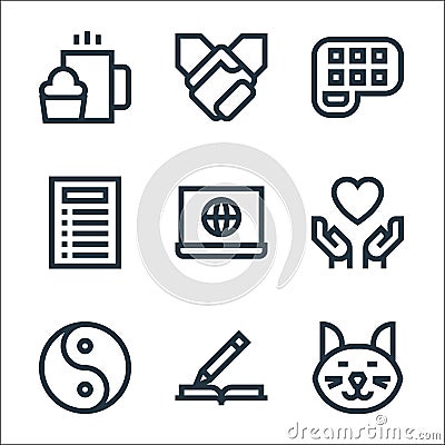 Mental health line icons. linear set. quality vector line set such as cat, writing, yin yang, love, computer, to do list, palette Vector Illustration