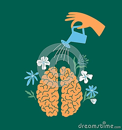 Mental health, mind or psychology therapy vector illustration with human hand watering flowers in brain Vector Illustration