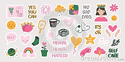 Mental health, mind therapy, self care and love, compassion and positive thinking concept collection of hand drawn flat stickers Vector Illustration