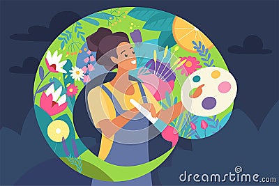 Mental health, optimism and taking care of yourself, happy young woman painting flowers Vector Illustration
