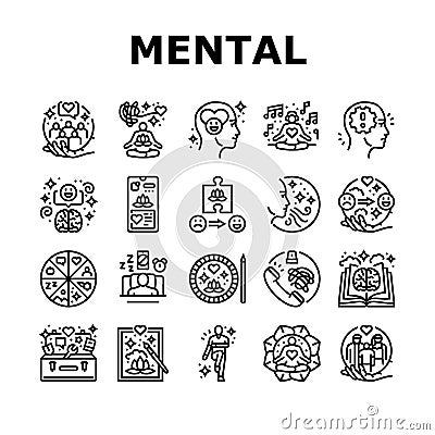 mental health people care mind icons set vector Cartoon Illustration