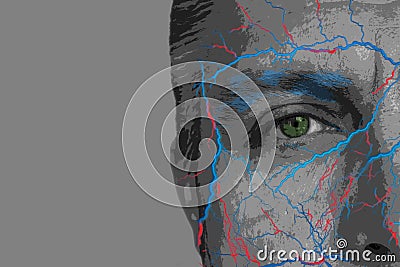 Mental health or psychics concept. Half face of adult man with bunch of nerves and veins. Gray scale posterized style with colored Stock Photo