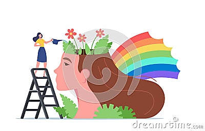 Mental Health, Psychological Support, Healthy Mind, Positive Thinking. Tiny Woman Stand on Ladder Watering Flowers Vector Illustration