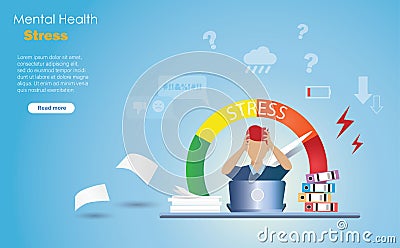 Mental health, stress, anxiety disorder. Headached businessman working overload at office with stress level at risk Vector Illustration