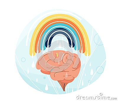 Mental health vector illustration. Human brain with rainbow over it. Balance positive vibes mind design, creative energy Vector Illustration