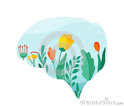 Mental health vector illustration. Positive mind design concept. Flowers, leaves, floral elements on sky background in Vector Illustration