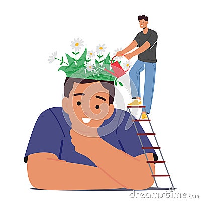 Mental Health, Wellness, Brain Treatment Concept. Tiny Male Character Watering Blooming Flowers In Huge Head Vector Illustration