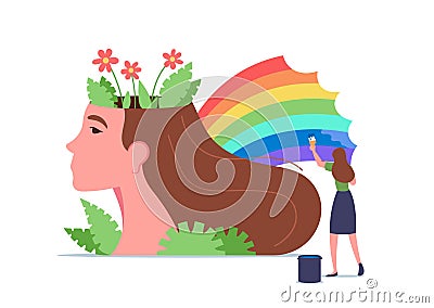 Mental Health, Wellness, Brain Treatment Concept. Tiny Woman Character Painting Rainbow at Huge Female Head Vector Illustration