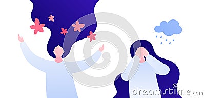 Mental help, psychotherapy and depression concept. Vector flat illustration. Woman in happy and unhappy emotion pose isolated on Cartoon Illustration