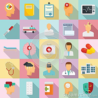 Mental hospital icons set, flat style Vector Illustration