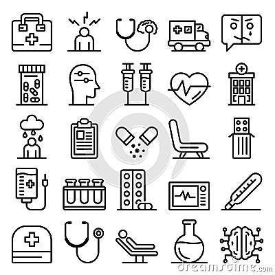 Mental hospital icons set, outline style Vector Illustration