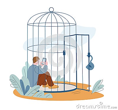 Mental inner prisoner. Oppressed person limit life, seclusion in cage and personal border. Mental health, smartphone and Vector Illustration