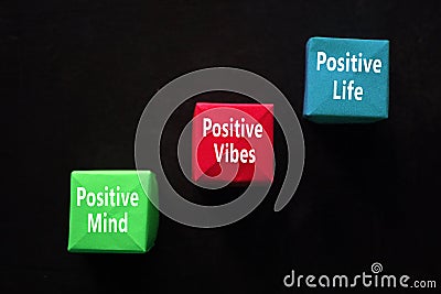 Mental Inspirational quote - Positive mind, positive vibes, positive life. With words of colorful origami paper cubes on Stock Photo