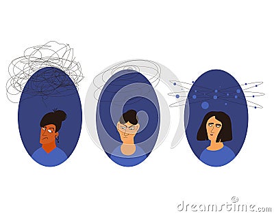 Mental issues. Three women with lot of confusing thoughts, bad mood, depression, anxiety, stress. Female persons with special Vector Illustration