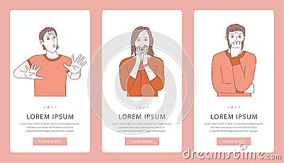 Mental problems or psychology counseling mobile app screens. Scared, terrified, hysterical men and women. Vector Illustration