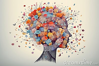 Mental Self-Care: Brain Tree with Flowers. Generative AI Stock Photo