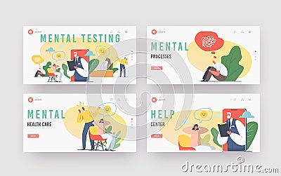 Mental Testing Landing Page Template Set. Psychotherapy Helpline Online Consultation. Depressed Woman and Doctor Vector Illustration