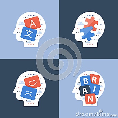 Mental training, intellectual games concept, creative thinking, positive mindset, learn new skills, memory improvement Vector Illustration