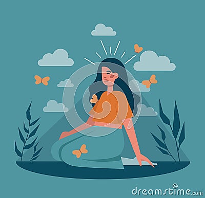 Mental wellbeing concept. Calm emotions and happiness mindset. Vector Illustration