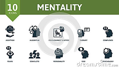 Mentality icon set. Contains editable icons psychology theme such as adoption, psychologist's office, complexes and more Vector Illustration