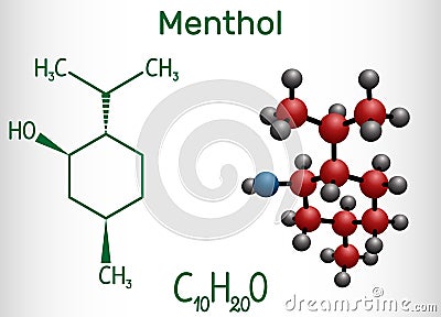 Menthol molecule, is found in peppermint and spearmint. It gives a cooling sensation, relieves minor pain and irritation. Vector Illustration