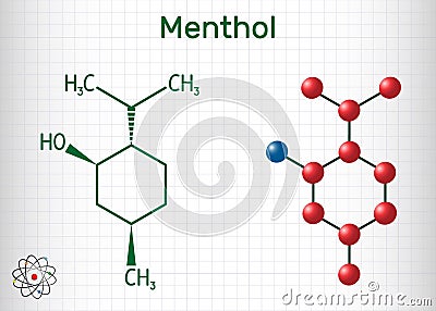 Menthol molecule, is found in peppermint and spearmint. It gives a cooling sensation. Sheet of paper in a cage. Structural Vector Illustration