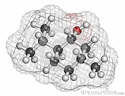 Menthol molecule. Present in peppermint, corn mints, etc. Atoms are represented as spheres with conventional color coding: Stock Photo