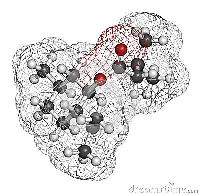 Menthyl isovalerate drug molecule. 3D rendering. Atoms are represented as spheres with conventional color coding: hydrogen white. Stock Photo