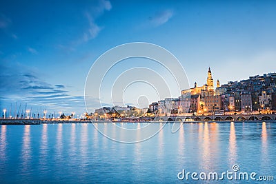 Menton City at night, French Riviera, blue hour sunset mood Stock Photo
