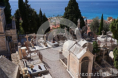 Menton, France - August 8, 2023 - The old cemetery with a panoramic view of the Mediterranean Sea Stock Photo