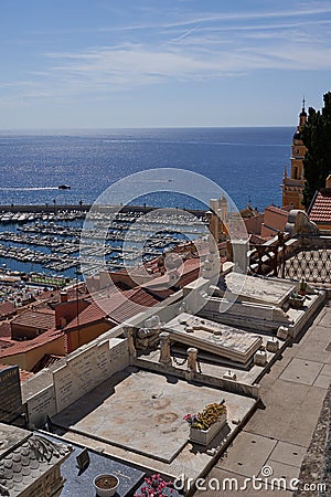 Menton, France - August 8, 2023 - The old cemetery with a panoramic view of the Mediterranean Sea Stock Photo